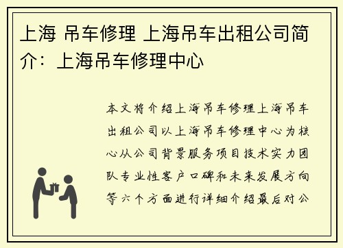 上海 吊车修理 上海吊车出租公司简介：上海吊车修理中心