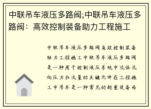 中联吊车液压多路阀;中联吊车液压多路阀：高效控制装备助力工程施工