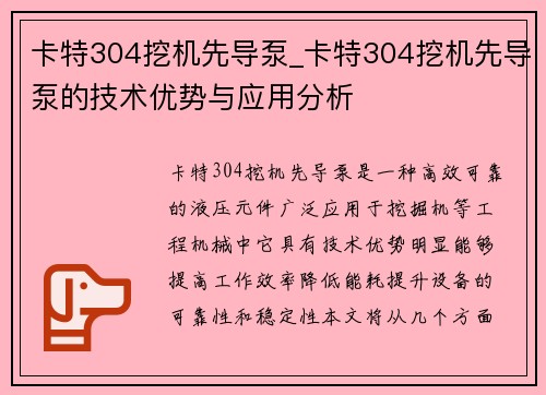 卡特304挖机先导泵_卡特304挖机先导泵的技术优势与应用分析