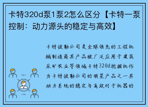 卡特320d泵1泵2怎么区分【卡特一泵控制：动力源头的稳定与高效】